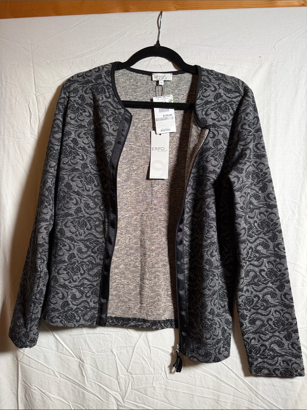 ERFO Gray Open-Front Jacquard Cardigan with Black Trim made in Greece